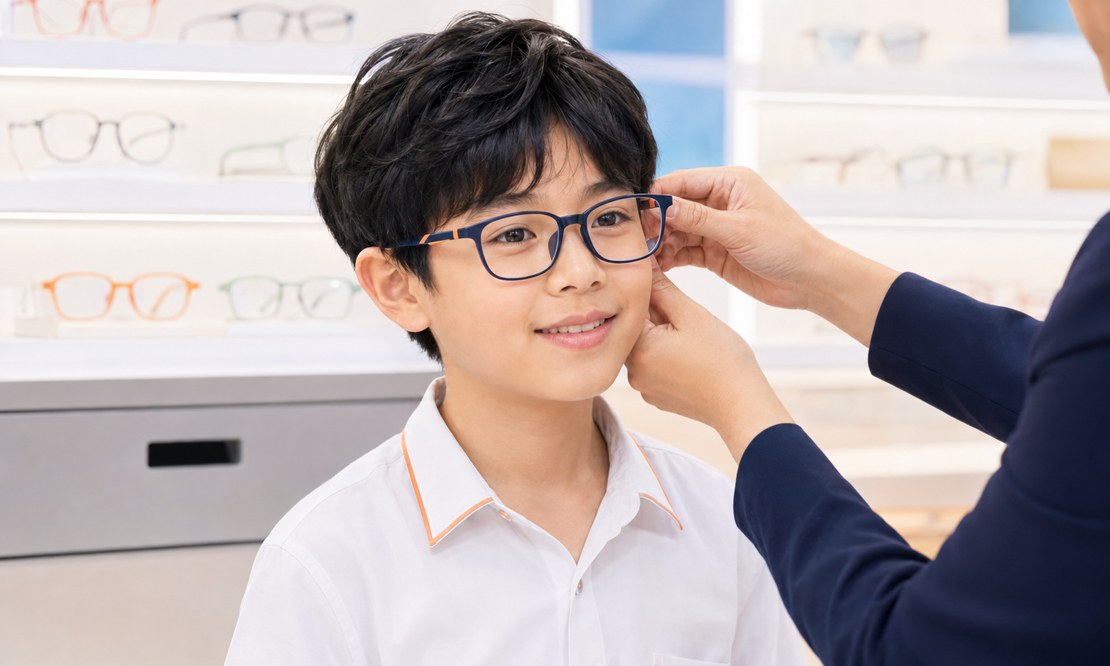 Trẻ em thử gọng kính vừa vặn tại cửa hàng