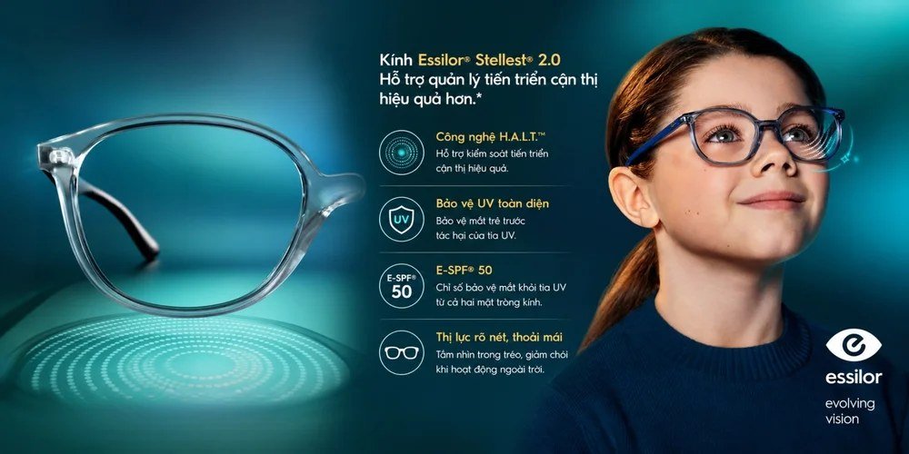 Kính Essilor Stellest 2.0 hỗ trợ quản lý tiến triển cận thị ở trẻ em với công nghệ H.A.L.T. và bảo vệ UV E-SPF 50